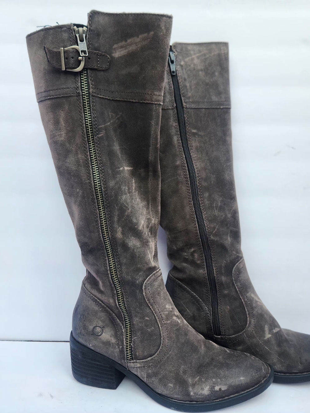 Born Tall Distressed Brown Suede Riding Boots with Side Zipper